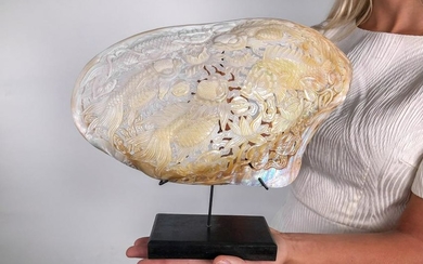 Giant intricately carved Mother of Pearl Shell with KOI