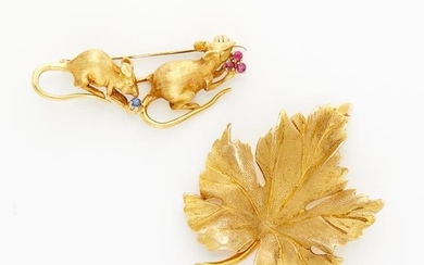 Gold Leaf Pin and Ruby and Sapphire Mouse Pin