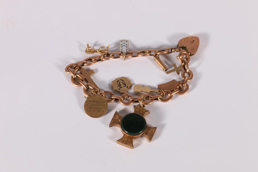 Gold bracelet with engraved cruciform locket and other items...