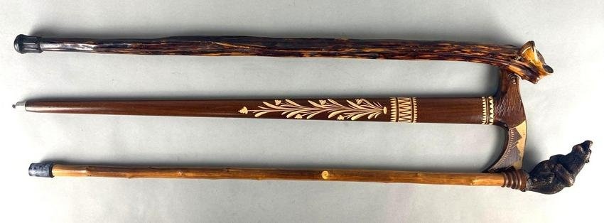 Group of 3 Wood Walking Canes with Carved Animal Handles