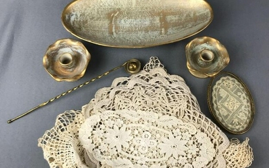 Group of Vintage Doilies, Glass Perfume Tray, and more