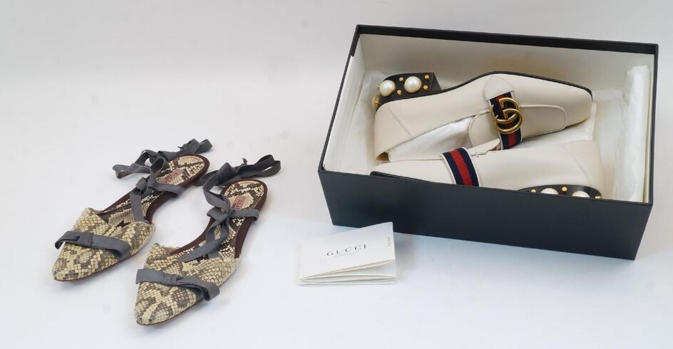 Gucci: a pair of cream leather slide-on loafers, the heel embellished with faux pearls, with gilt GG logo buckle and gilt 'Gucci' plaque to the underside, size '34.5', each loafer with dust bag, in original box with care pamphlets, together with a...