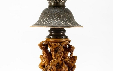 H. BOULANGER, LARGE MAJOLICA FIGURAL TABLE LAMP