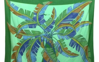 HERMES Hermes scarf stole shawl pareo leaf pattern large size long cotton 100% green bed cover sofa