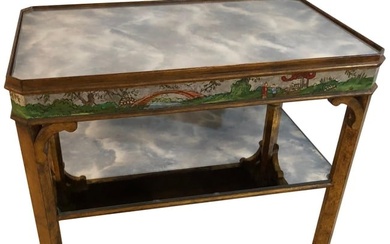 Hollywood Regency Coffee Table with Poly-Chromed Mirrored Scenes in Chinoiserie
