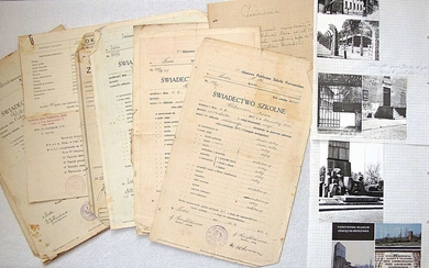 Holocaust. 13 School certificates of Jewish girl from Lodz Gliksman Masza, 1920-30’s; photos of Auschwitz-Birkenau.
