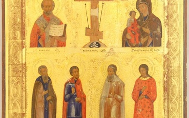Icon - Crucifixion of Christ, Four saints, Mother of God with Three Hands, Nicholas of Mozhaysk - Wood