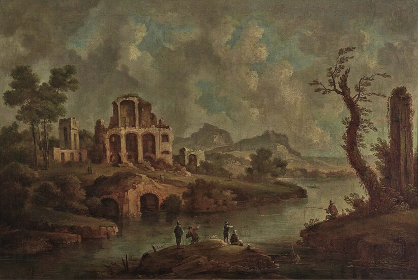 Inconnu17e/18e s. Paysage de rivage avec ruines anciennes et staffage figuratif huile sur toile. 75...