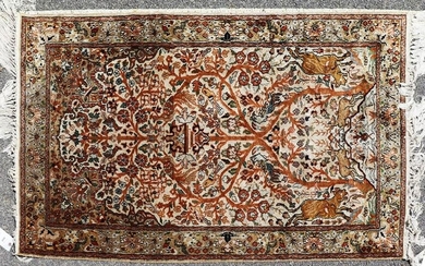 Indo-Isfahan Rug With Silk, With Animals
