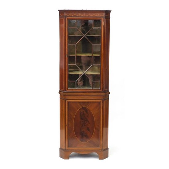Inlaid mahogany corner cabinet with astragal glazed