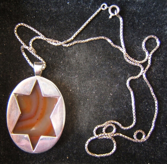 Israeli souvenir/momento necklace, stone within silver .925 oval setting with Star of David on one side & .925 silver necklace; total weight: 24.5g