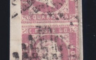 Italian Ancient States - Sardinia 1851 - First issue, cat. Euro 21,600 - VEII 20c azzurro, 40c rosa coppia verticale su frammento
