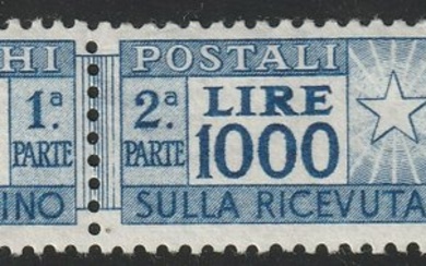 Italian Republic 1954 - Postal parcels, 1.000 l. ultramarine. Wheel watermark, wide sheet margin, intact, very rare, luxury, - Bolaffi n.69