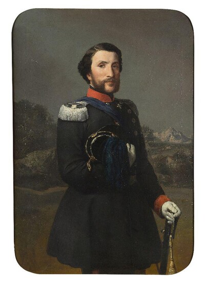 Italian School, mid-late 19th century- Portrait of an Italian Officer, standing three-quarter length, wearing the Order of Saints Maurice and Lazarus, a mountainous winter landscape beyond, c.1870-1890; oil on canvas, 125.2 x 85.6 cm. Provenance:...