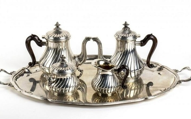 Italian silver four pieces tea and coffe set with tray