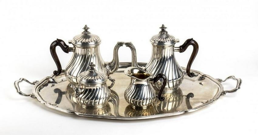 Italian silver four pieces tea and coffe set with tray