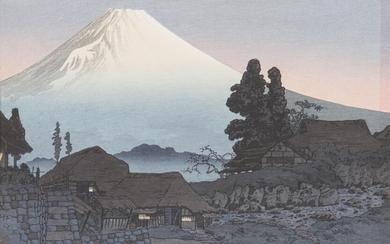 JAPON, Ensemble de deux estampes. Takahashi Hiroaki (Shôtei) (1871-1944), "Mizukubo", vers 1935-40 et Kawase Hasui (1883-1957) "Sunset Glow at the Otemon Gate Imperial Palace" circa 1952
