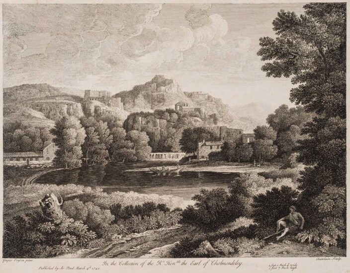 J.CHATELAIN (*1710), after Gaspard POUSSIN, landscape with castles, c.1740, Etching