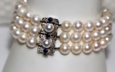 "JKA" - 14 kt. Akoya pearls, White gold - Bracelet - 0.45 ct Sapphire - genuine Japanese sea/saltwater pearls ø 6.6-6.8mm - excellent luster