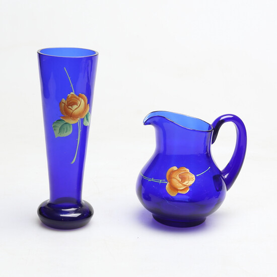 JUG and VASE, glass, blue, 1900s.