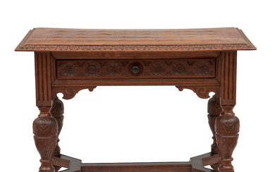 Jacobethan-style Carved and Parquetry Oak Library Table, early 20th century.