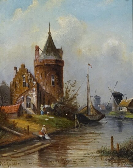 Jan Jacob Coenraad Spohler (1837-1922), Rivierlandschap met wasvrouwen bij een kasteel, gesigneerd...