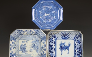 Japan, three blue and white porcelain dishes, Meiji period (1868-1912)