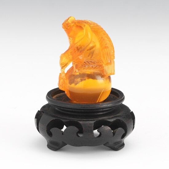 Japanese Carved Amber Double Gourd and Lizard Netsuke, on Wood Stand