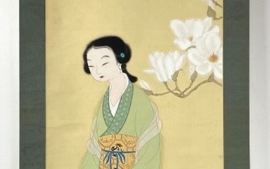 Japanese Painting: Chinese Beauty with Lotus Flowers by Ikuta Nansui 生田南水 - Ikuta Nansui 生田南水 - Japan (No Reserve Price)