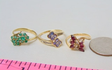 Jewelry. (3) 14kt gold rings. 14k hallmark 6 red gemstone ring w/ diamond chips size 7, 2.90 grams.