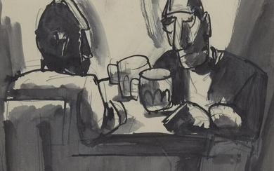 Josef Herman OBE RA, British/Polish 1911-2000 - Drinking beer, Ystrad; Pencil and black ink and wash, signed verso in pencil 'Josef Herman', 14 x 20 cm (ARR) Note: with thanks to Agi Katz for her assistance on the cataloguing of this work