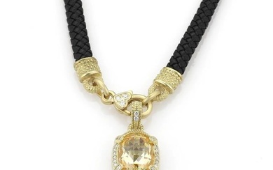 Judith Ripka Diamond & Canary Crystal 18k YGold Pendant Leather Necklace