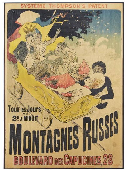 Jules Cheret (1836‚Äì1932), Montagnes Russes poster, 1888, Lithograph in colours on cream wove, Stamp of Republique Francaise, 120cm x 86.5cm (framed). Footnote: ‚ÄúMontagnes Russes,‚Äù or ‚ÄúRussian Mountains,‚Äù were an especially early example...
