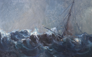 KARL GUSTAV HOLMBERG. Sailboat in distress. Oil on panel, signed and dated 1948.
