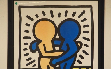 Keith Haring : Estampe couleur, couple de petits bonhommes, cachet d'édition en bas à droite,...