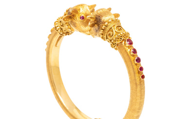 LALAOUNIS, YELLOW GOLD AND RUBY BANGLE BRACELET