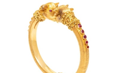 LALAOUNIS, YELLOW GOLD AND RUBY BANGLE BRACELET