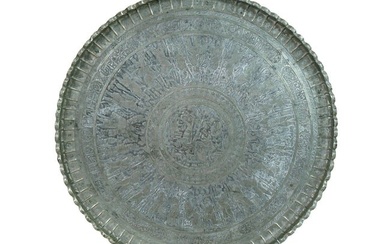 LARGE PERSIAN ETCHED TINNED COPPER SERVING TRAY