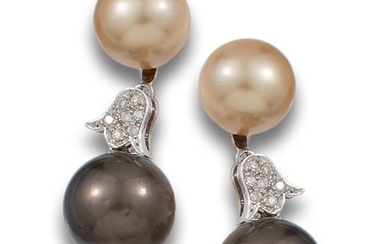LONG DETACHABLE EARRINGS WITH AUSTRALIAN GOLDEN, TAHITI PEARLS AND DIAMONDS, IN WHITE GOLD