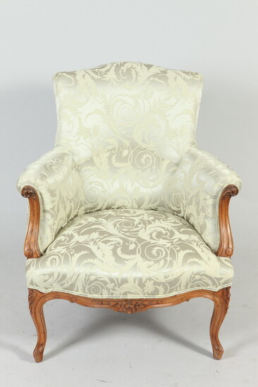LOUIS XV STYLE CARVED FRUITWOOD BERGERE WITH CELERY COLOR DAMASK...