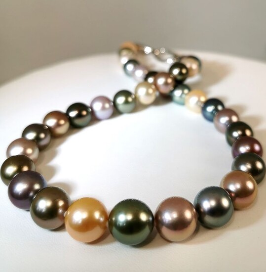 #LOW RESERVE PRICE# Multicolor freshwater pearls, Multicolor Tahitian pearls, Silver, 10x12,5mm - With beautiful Edison pearls - Necklace