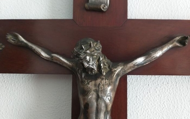 Large 19th century mahogany and bronze crucifix (1) - Baroque - Bronze, silver, Cuban mahogany. - Second half 19th century