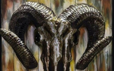 Large Ram's Head Mixed Media Sculptural Painting