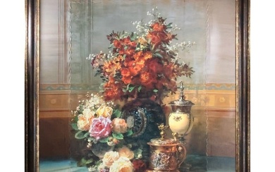 Large Size 20th C. Giclee on Canvas Fine Decorative Still Life after Jean Baptiste Robie, Framed