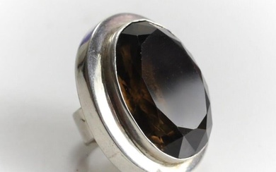 Large Sterling Silver Smokey Topaz Statement ring. Dramatic faceted stone Sz 6.5