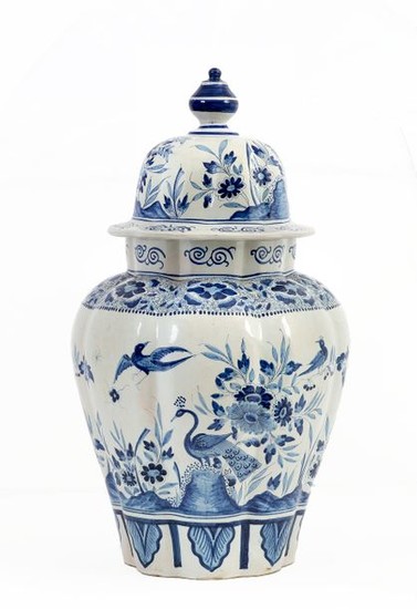Large poly-lobed vase and lid in blue and...