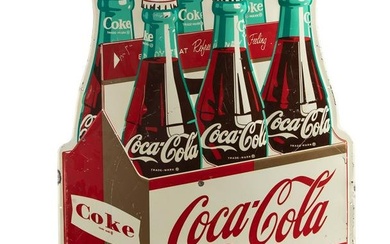 Large vintage Tin Coca-Cola Sign with embossed bottles, bright shiny colors with some light