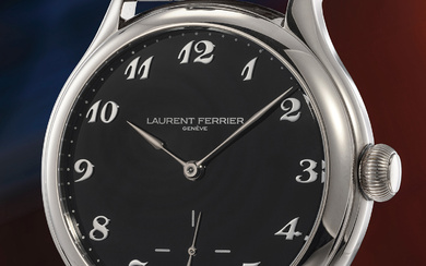 Laurent Ferrier, A lovely and exceedingly exclusive white gold wristwatch with grand feu black enamel dial, applied Breguet numerals, double direct-impulse escapement, additional white grand feu enamel dial,warranty and presentation box