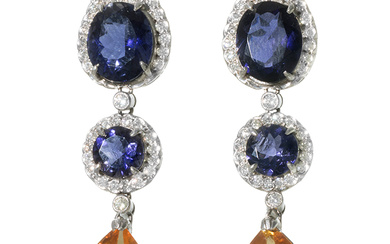 Long earrings with tanzanites, citrines and diamonds