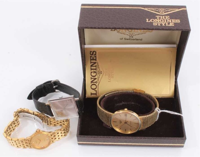 Longines gold plated quartz wristwatch in box, together with a Berkeley wristwatch and Zenith Concerto wristwatch (3)